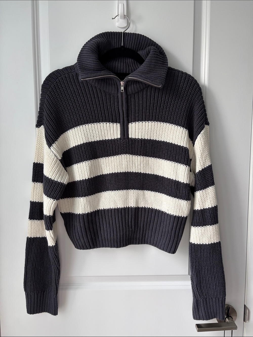 Dynamite Navy Blue and White Striped Half-Zip Sweater